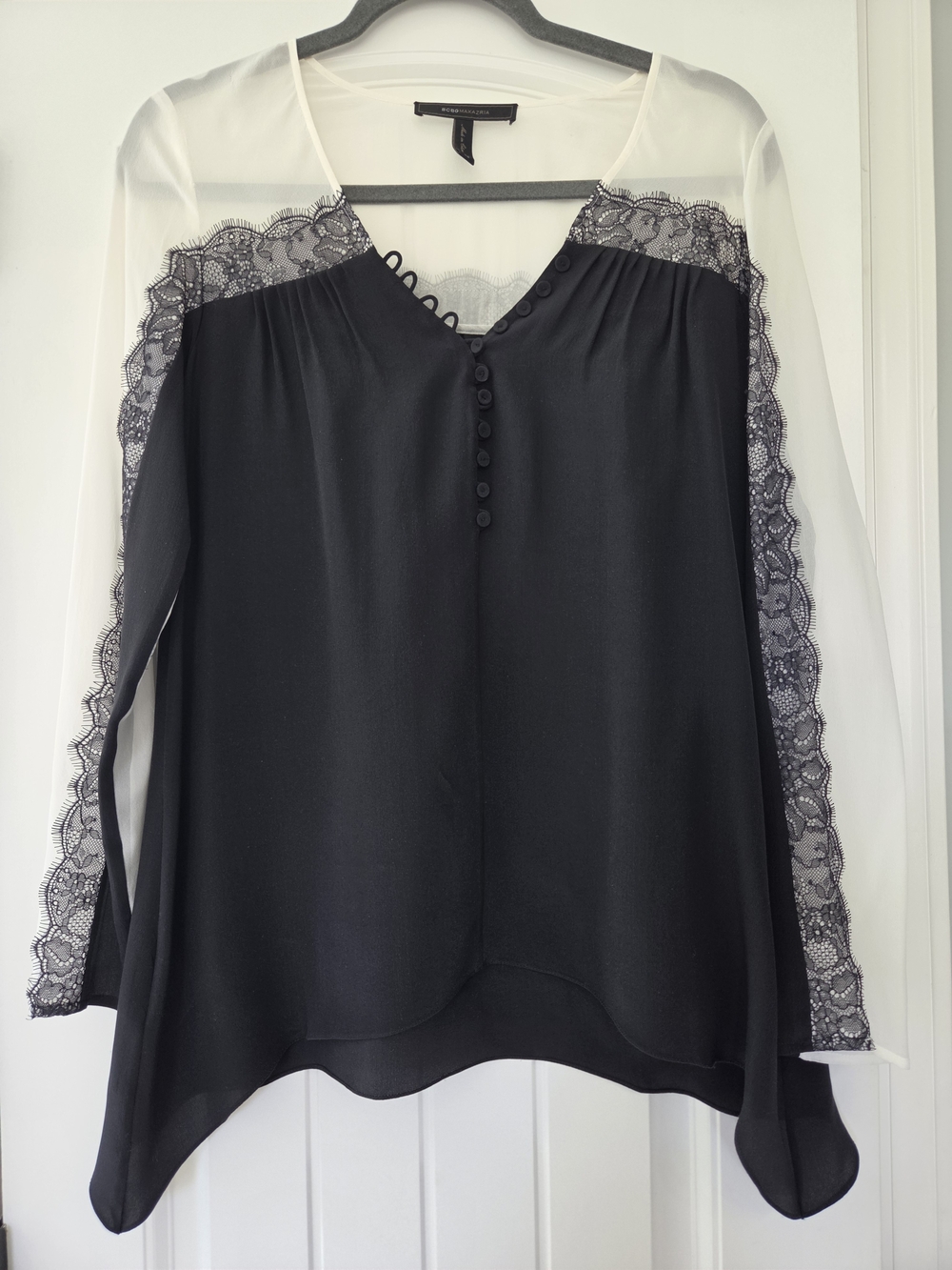 BCBGMaxAzria Black Lace-Trim Sheer Panel Blouse